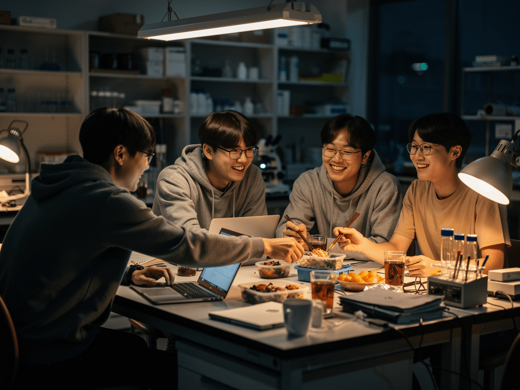 연구실 동료들과 서로 위로하며 버티는 모습