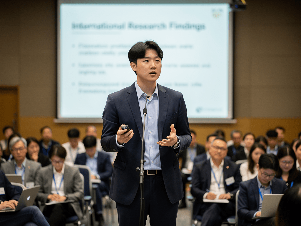 학회에서 영어 발표를 하는 연구자
