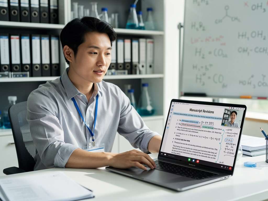 외국인 저자와 논문 수정 의견 조율하는 모습